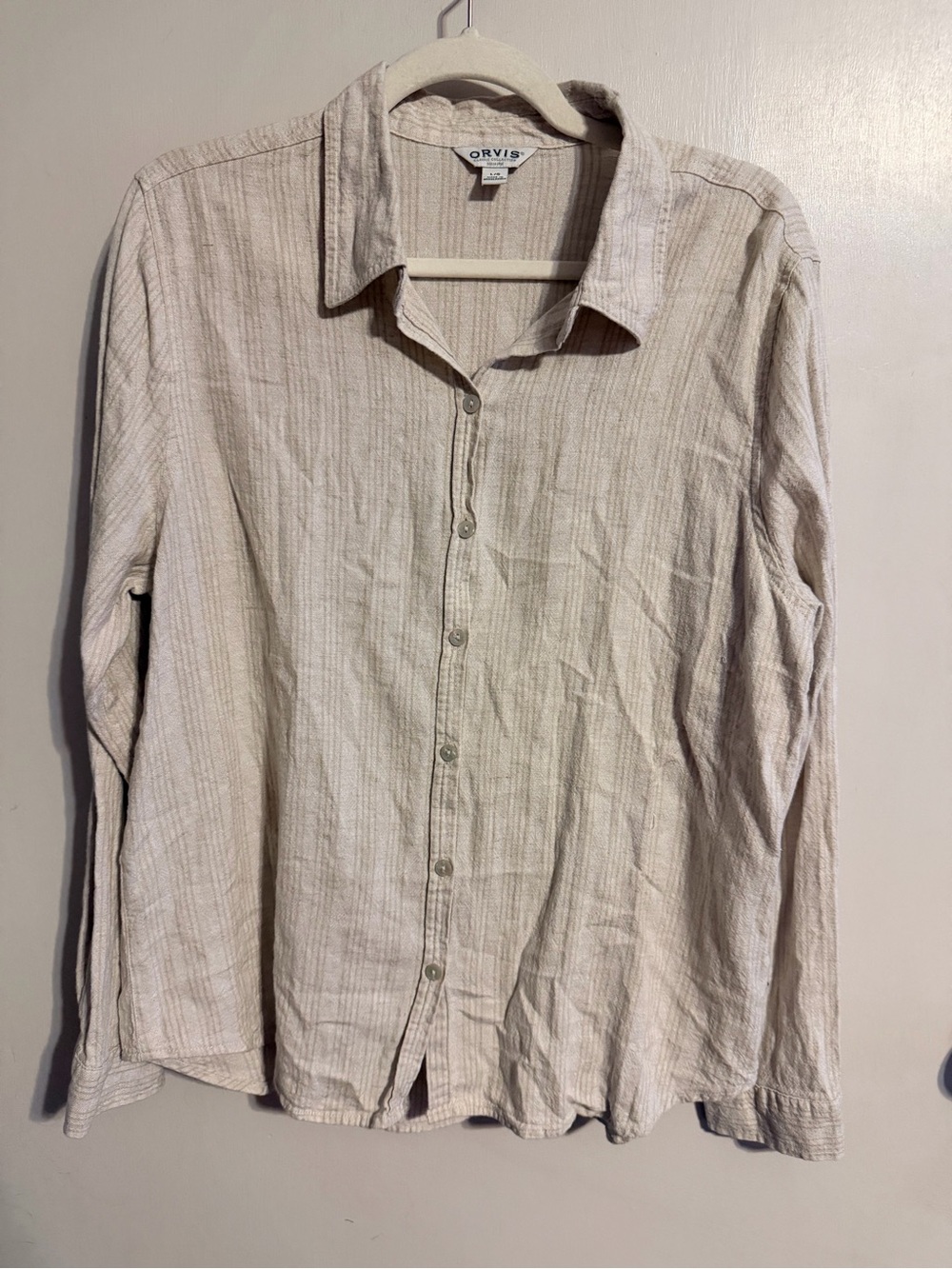 Orvis Linen Blend Button Down Shirt Large Neutral Coastal Textured Relaxed Fit - Picture 2 of 7